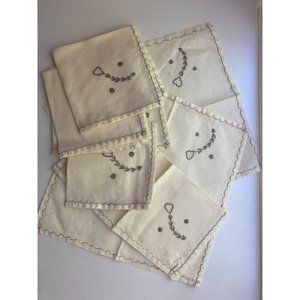 Beautiful Cream and Taupe Embroidered Linen Tablecloth w/ 12 Napkins, florals 92